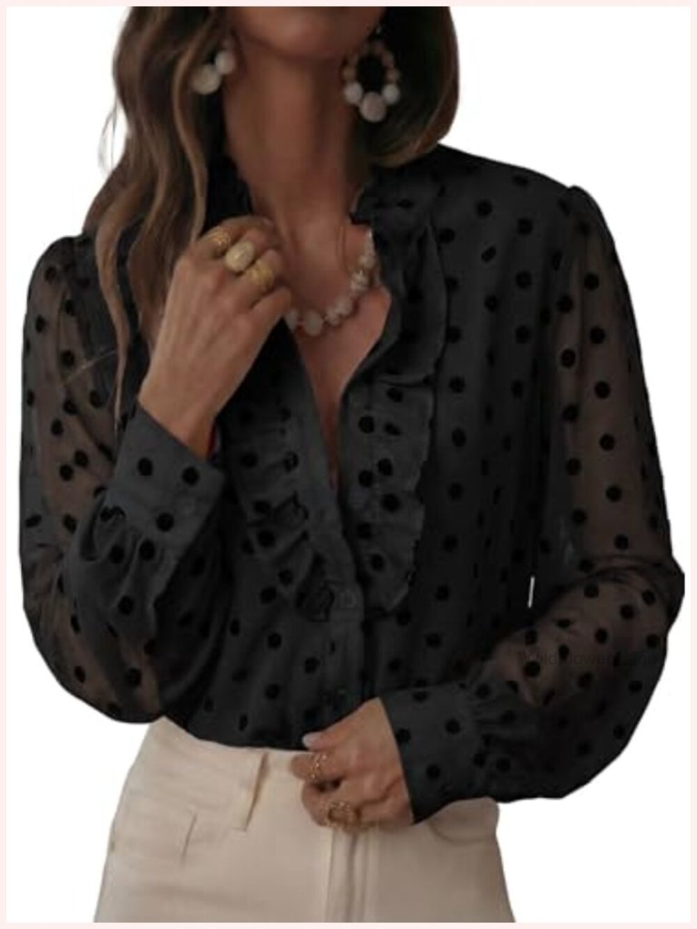 Polka Dot Blouse Women Mesh Sleeve Button Up Shirt Flocked Print Ruffle Mock